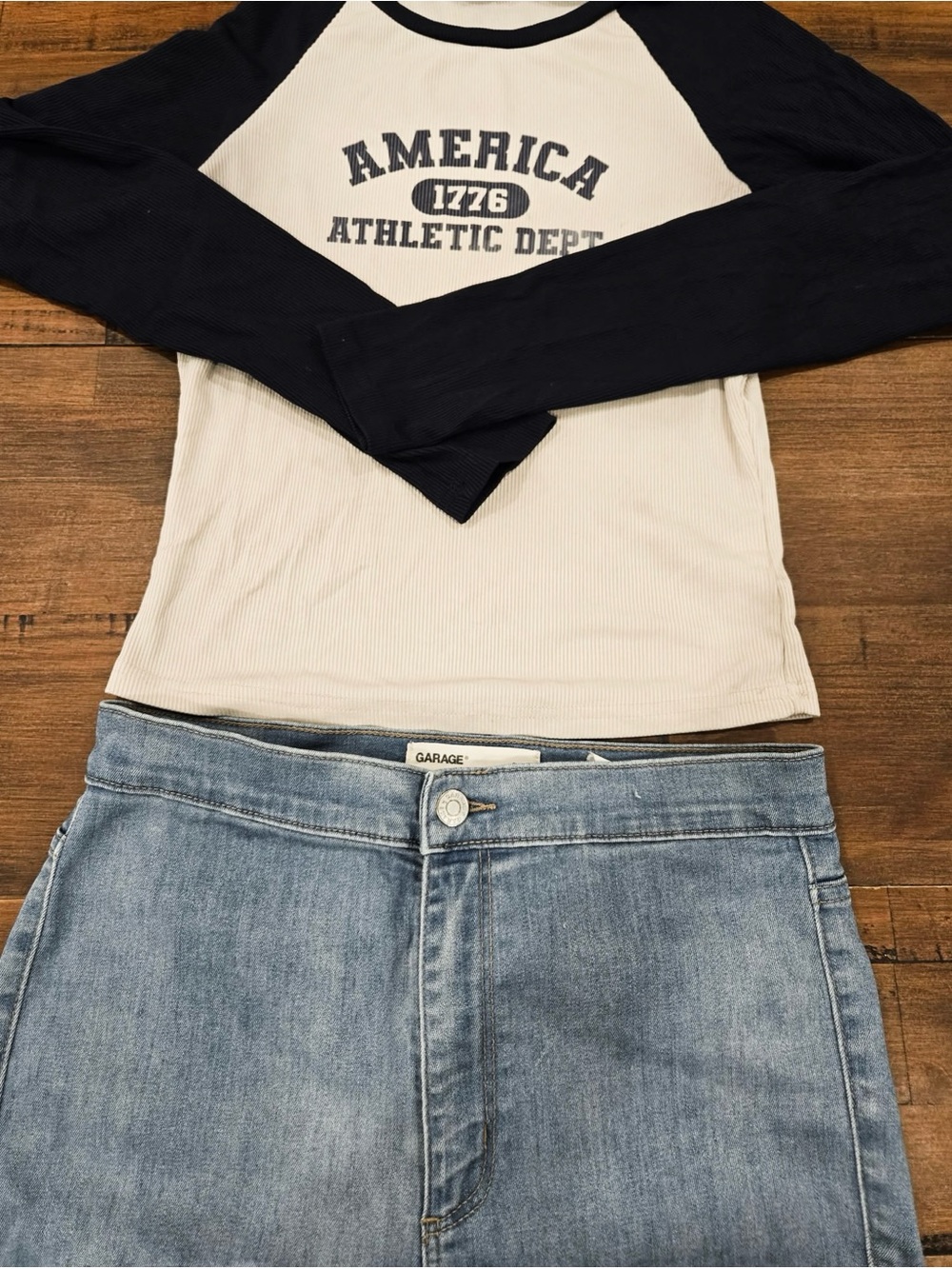 Thrifted Long Sleeve Athletic Tee in Navy and Cream
